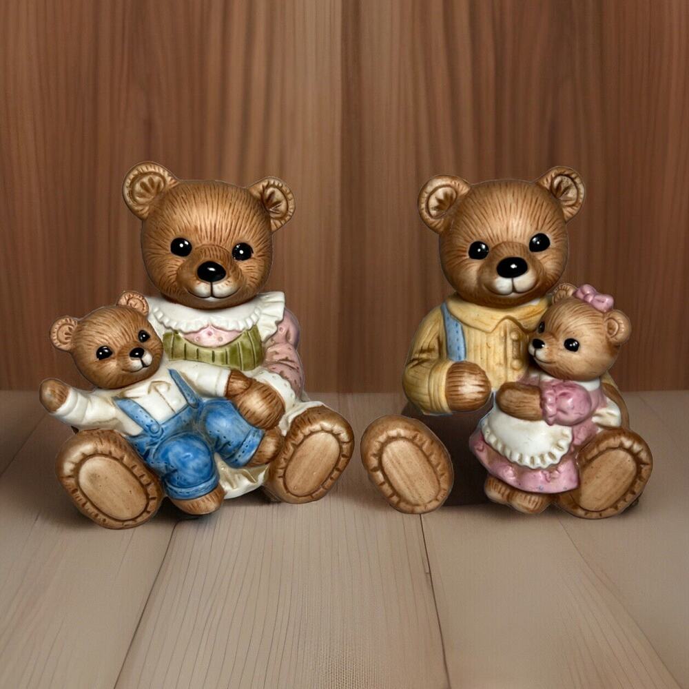 Vintage HOMCO 1444 Porcelain TEDDY BEAR FIGURINES Set of Two Mom Dad Kids 4”